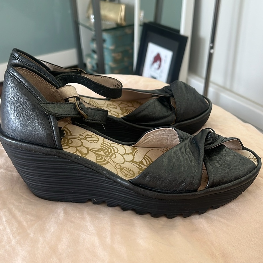 Fly London Black Leather Platform Wedge Sandals